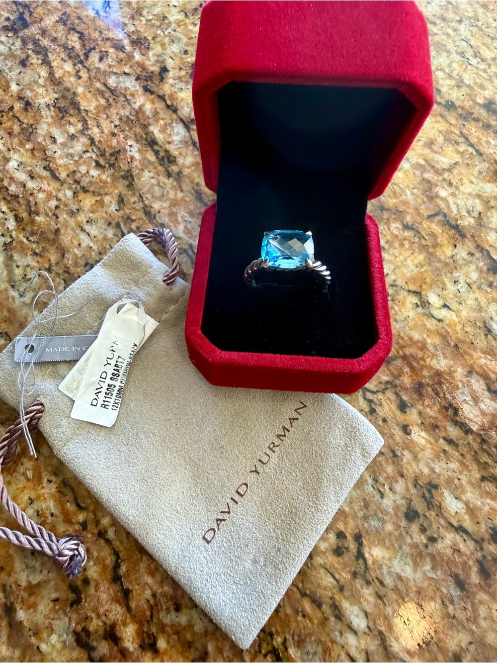 Authentic David Yurman 12x10mm Cushion Blue Topaz Cable Ring - Size 7.25